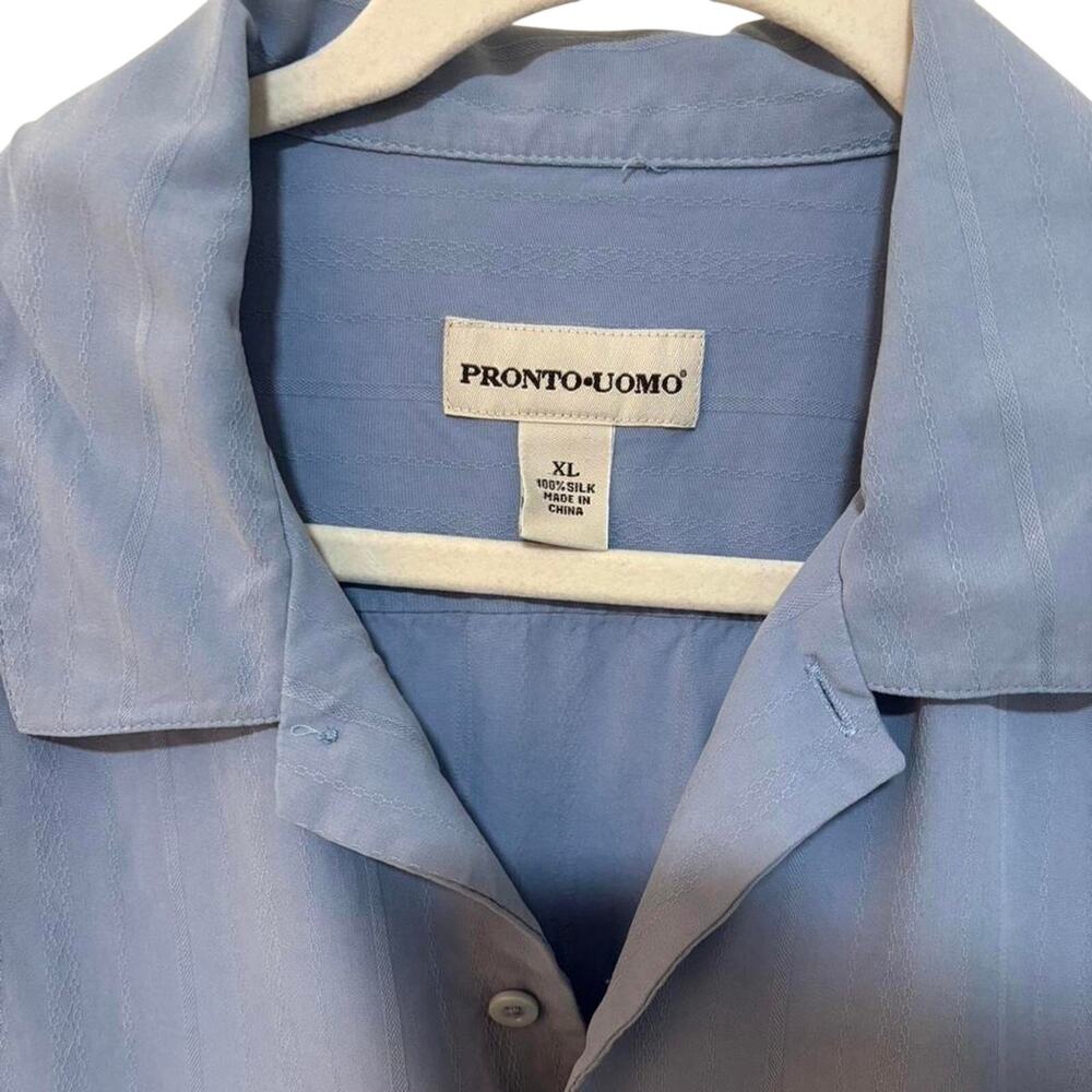 Pronto Uomo 100% Silk Blue Short Sleeve Button Up Shirt Men’s XL Luxury - Picture 3 of 7